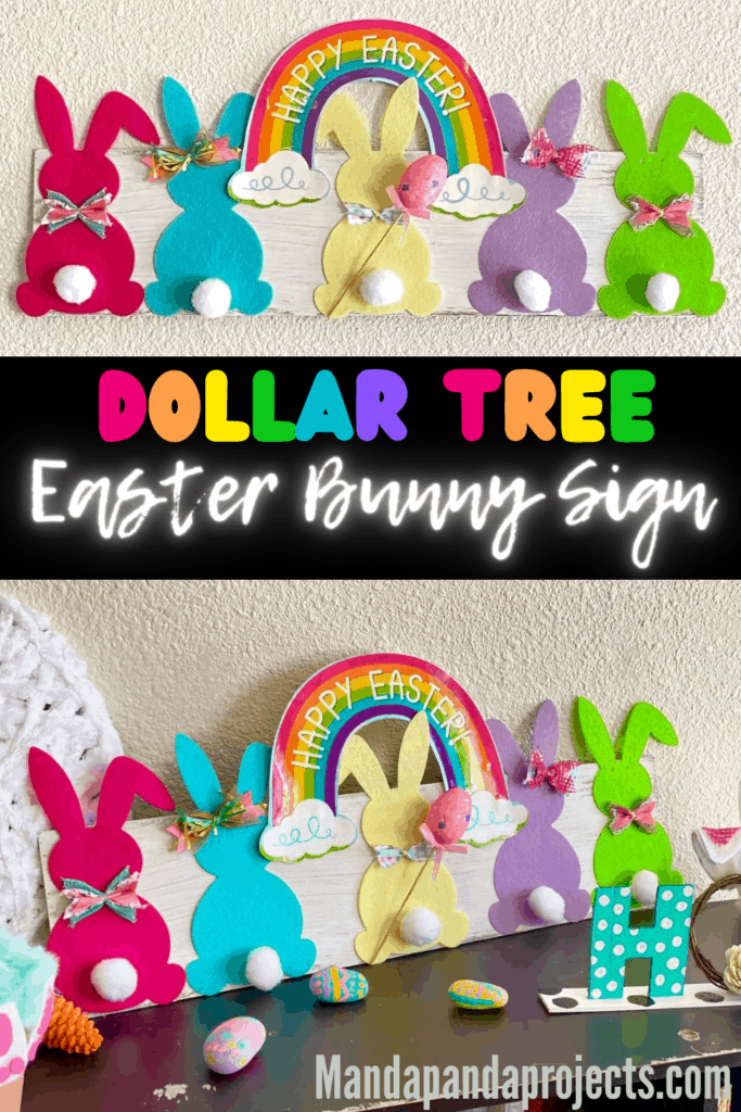 DIY Dollar Tree Rainbow Bunny Sign made from a garland for easy to make Easter holiday decor.