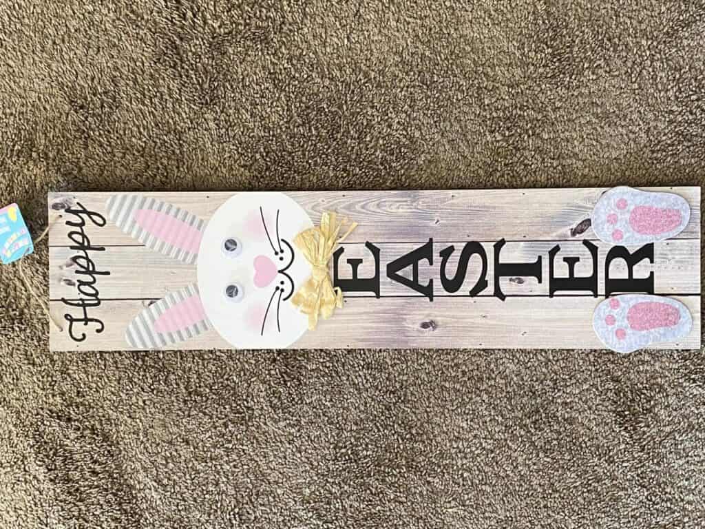 Happy Easter bunny wooden long rectangular sign.