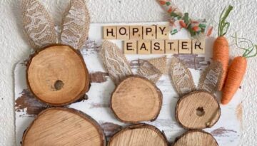 DY rustic farmhouse easter bunny wooden sign. Easter craft decor mad with dollar tree supplies