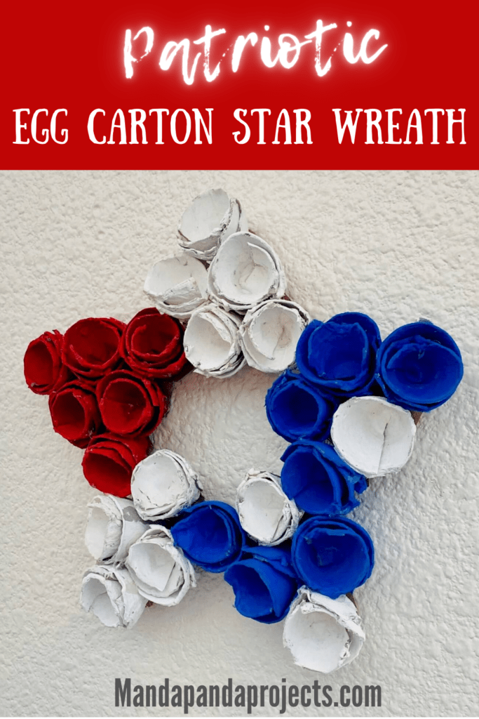 Patriotic Egg carton star wreath made with red white and blue cups for the 4th of July DIY Decor.