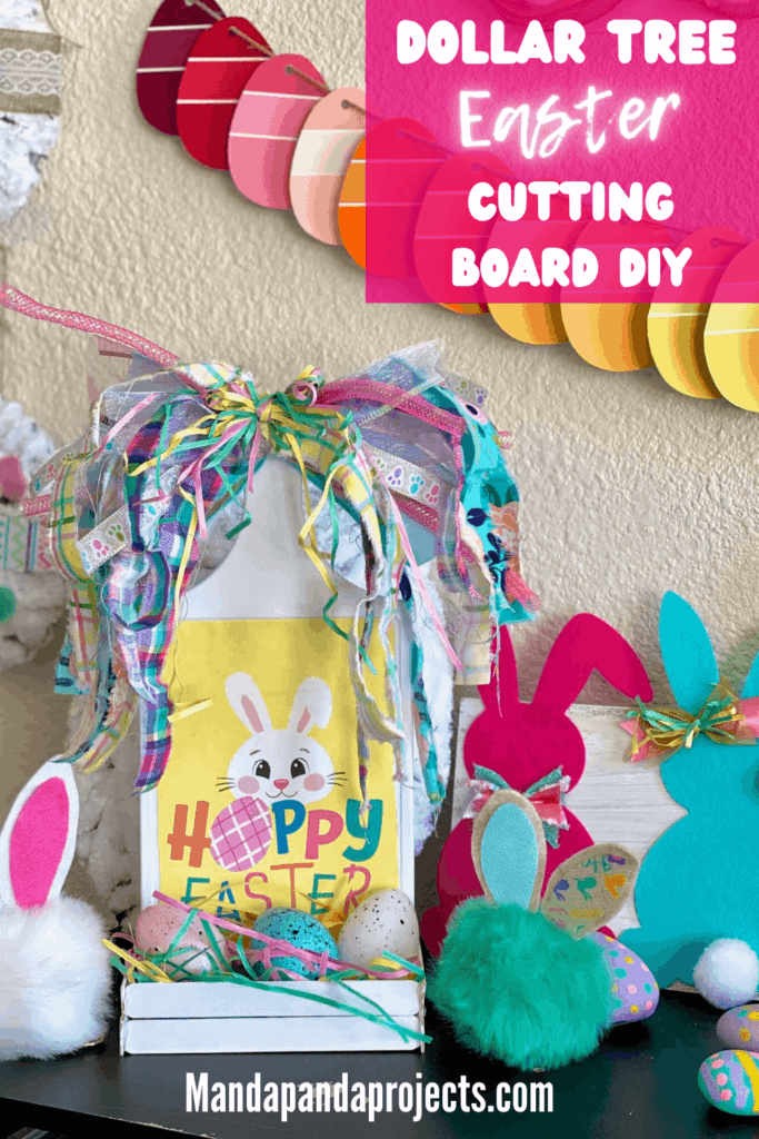 DIY 'Hoppy Easter' Bunny Dollar Tree Cutting Board craft decoration with Scrappy Fabric Bow, and speckled eggs in a wooden crate.