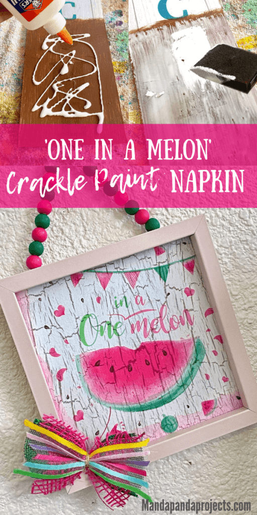 One in a melon summer watermelon napkin in a Dollar Tree frame, mod podged on top of the crackle paint technique with a pink and green wood bead hanger and a small decorative bow. Summer DIY crafts.