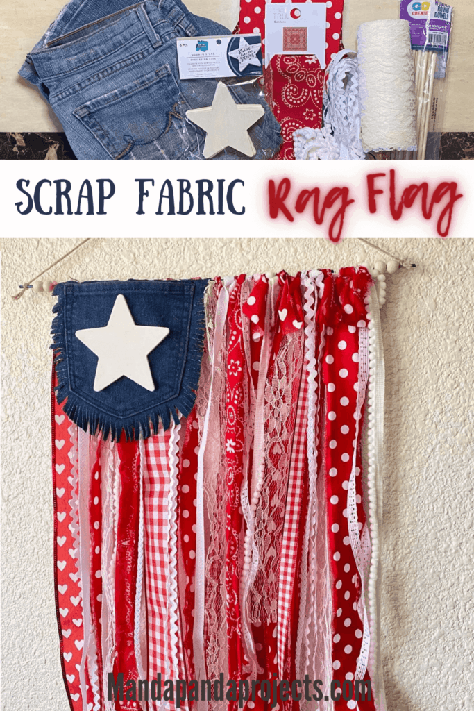Scrap fabric and ribbon americana rag flag with a Jeans pocket, for DIY Fourth of July and Memorial day celebration decor.