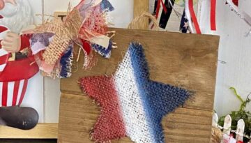 Easy Patriotic Red, white, and blue burlap star for July 4th Tiered tray DIY decor.