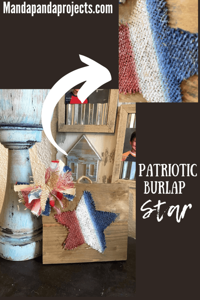 Easy Patriotic Red, white, and blue burlap star for July 4th Tiered tray DIY decor next to a large candlestick with a close up of the star.