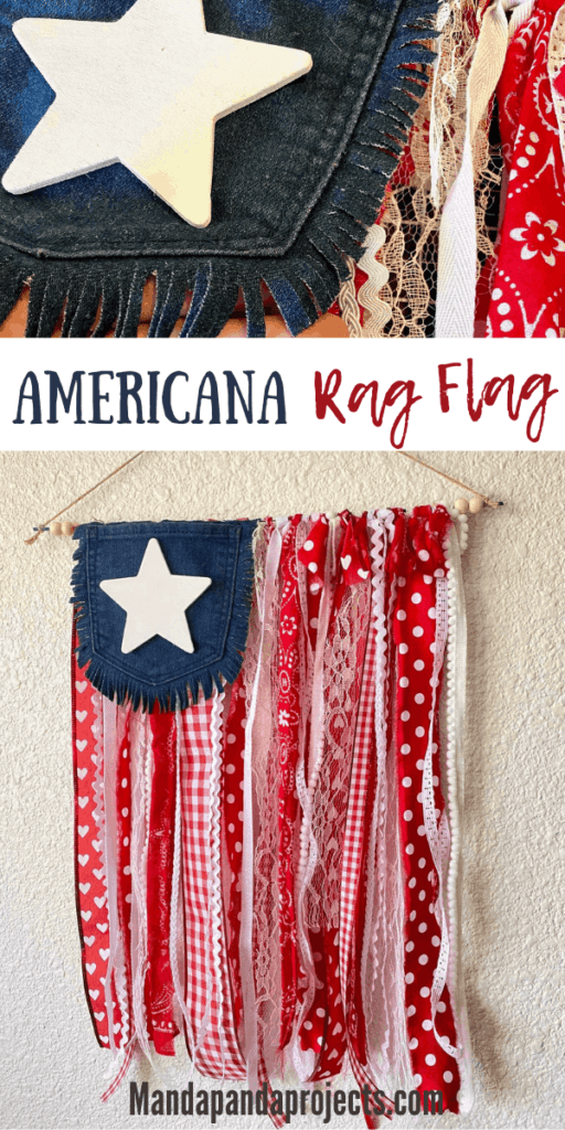 Scrap fabric and ribbon americana rag flag with a Jeans pocket, for DIY Fourth of July and Memorial day celebration decor.