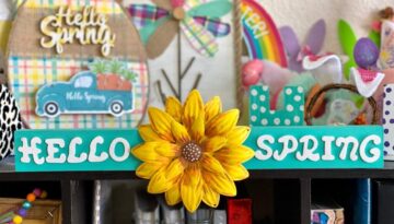 DIY Dollar Tree "Hello Spring" Long Teal wooden board decor.