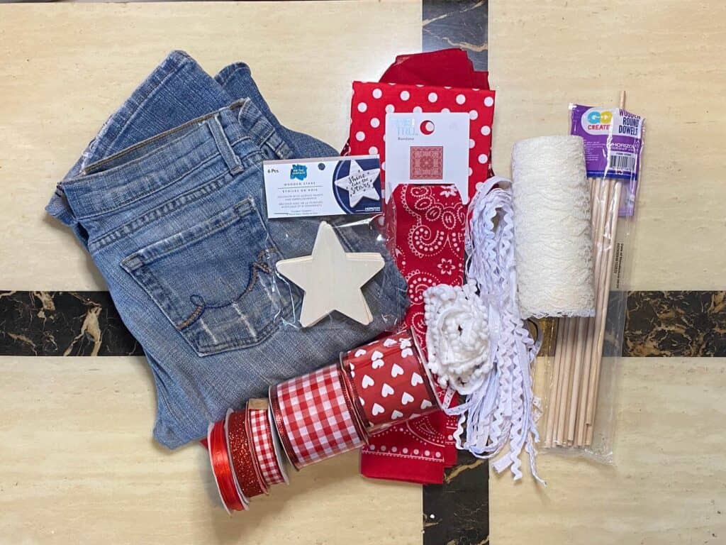 Supplies needed to make a Scrap Fabric and Ribbon American Rag Flag with a jeans pocket star.