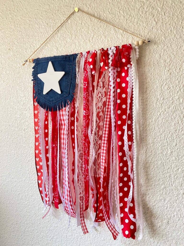 Scrap fabric and ribbon American Rag flag for July 4th and Memorial Day decor.