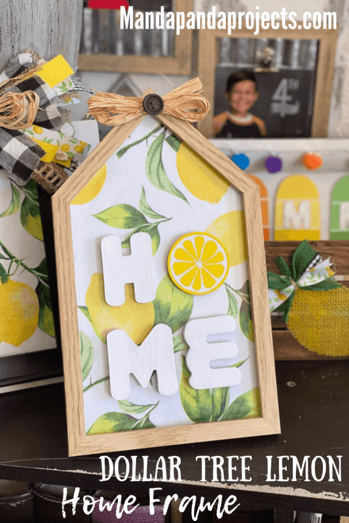 DIY Dollar Tree Lemon Home  shaped frame with a mini pallet burlap lemon next to it.