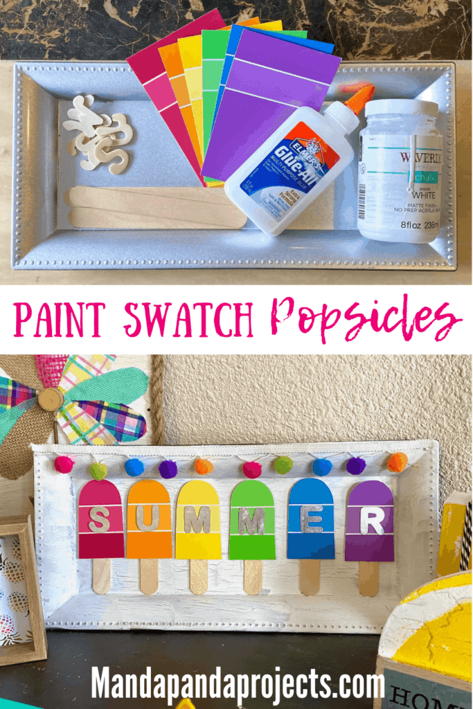 DIY Summer Paint Swatch Popsicle craft made with a dollar tree charger plate and free rainbow colored paint sample cards.