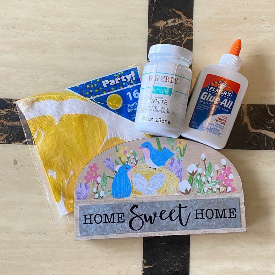 Supplies needed to makeover a dollar tree Home Sweet Home shelf sitter into and adorable lemon diy for a tiered tray piece of decor.