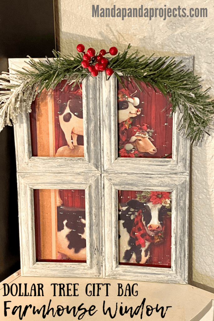 Dollar Tree Christmas Gift Bag Farmhouse Window DIY. Christmas themed cow, pig, and sheep standing on each others back. With greenery, holly and berry.