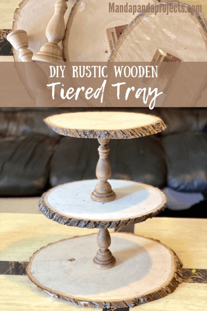 DIY Rustic wooden round 3 tiered tray with natural wood and stained wooden candlesticks.