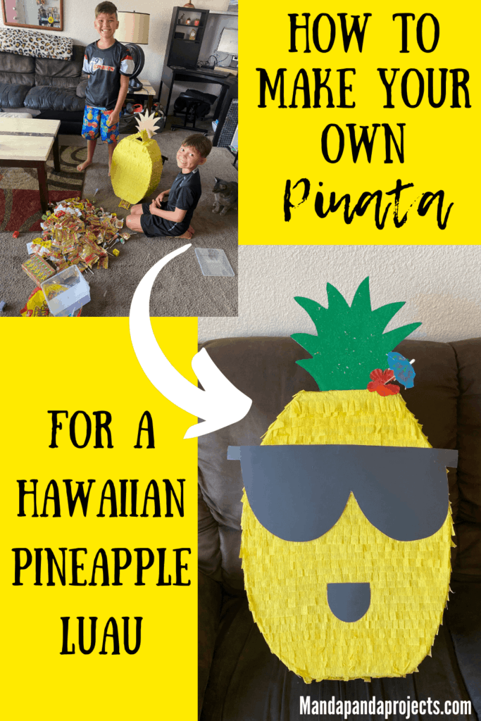 How to make a DIY Pineapple Piñata for a Hawaiian Luau or Pineapple themed birthday party, with cool dude sunglasses, a flower, and umbrella pic with kids filling it up with candy,