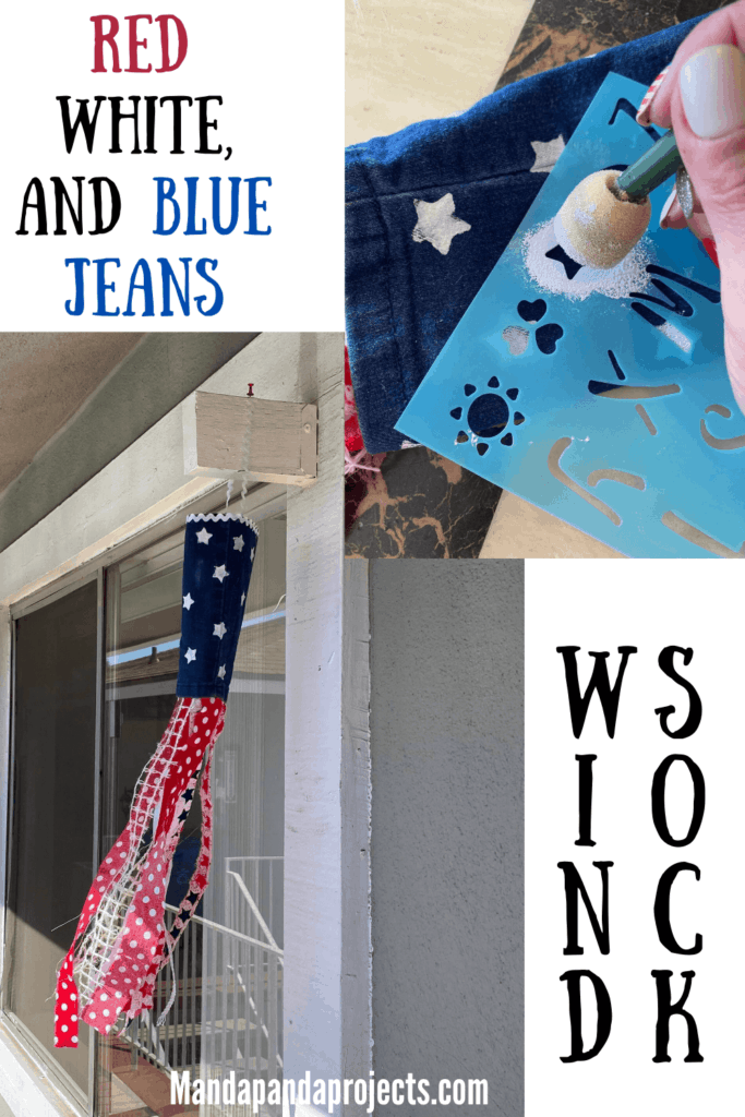 DIY Patriotic Red, white, and blue jeans, American flag windsock for the Fourth of July. DIY crafts and July 4th decor.