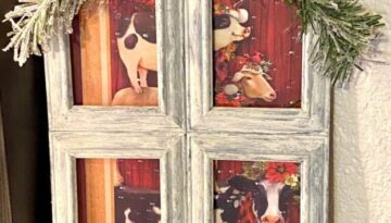 Dollar Tree Christmas Gift Bag Farmhouse Window DIY. Christmas themed cow, pig, and goat standing on each others back.