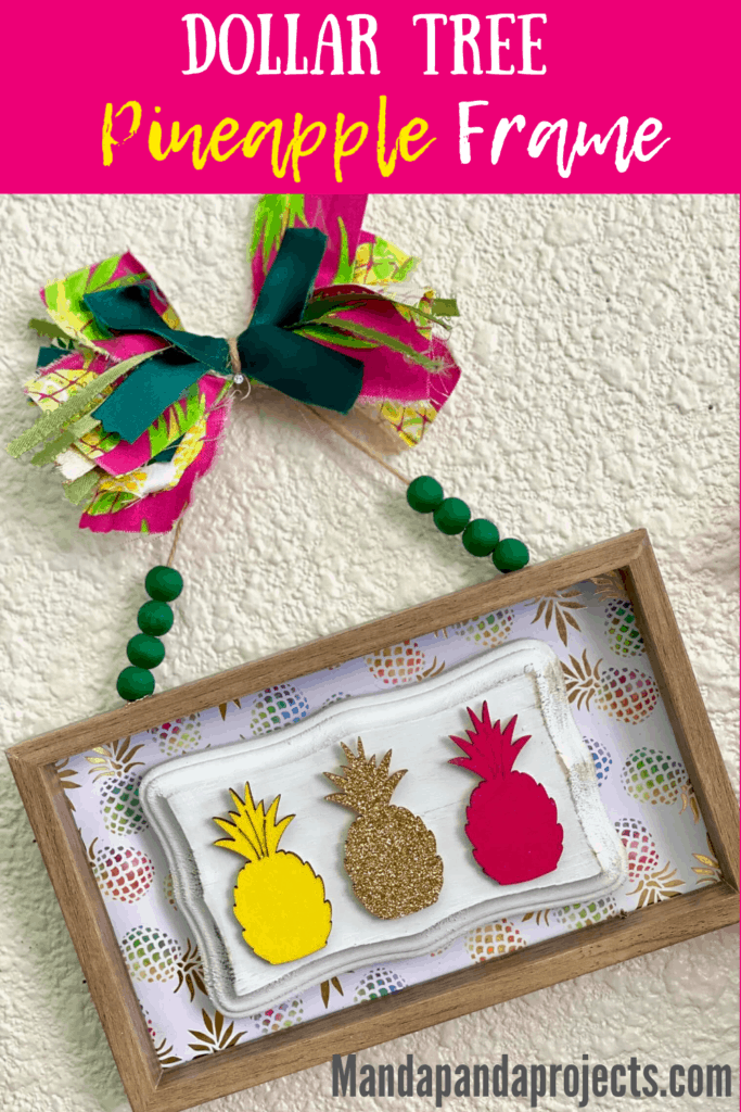 DIY Dollar Tree Pink, yellow, and gold pineapple sticker frame wall hanging for summer crafts or decor for a little girls room.