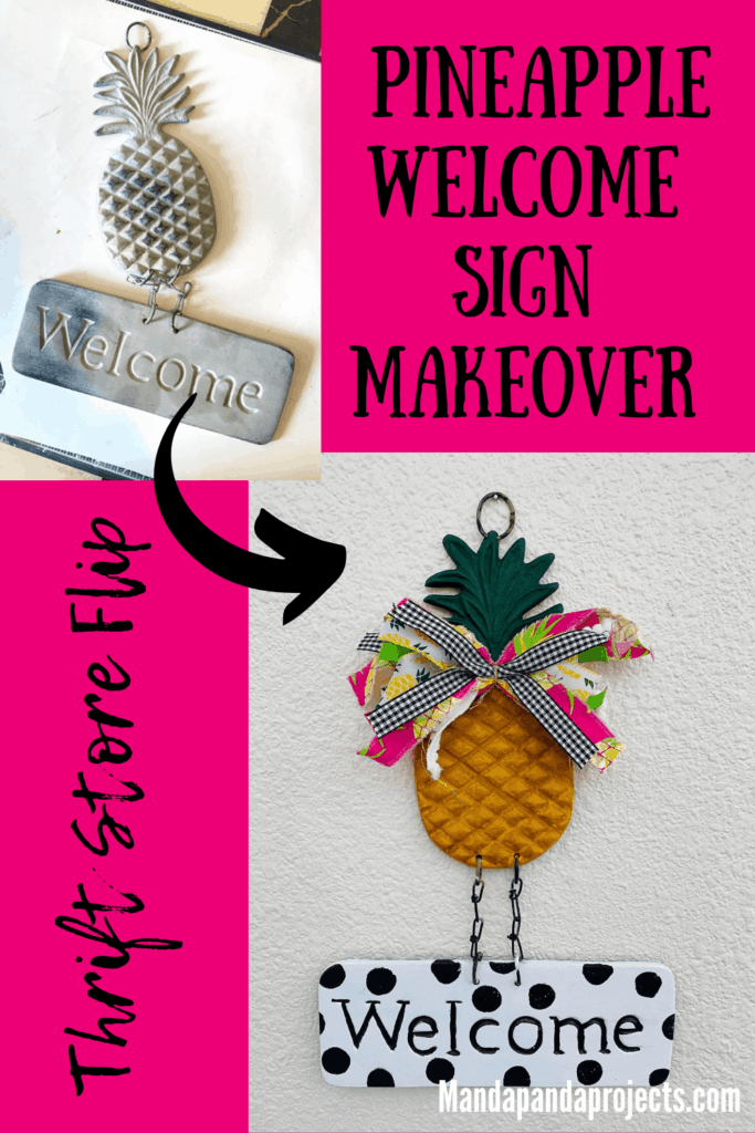 Thrift store find - Metal pineapple welcome sign makeover-thrift store flip from drab to fab. Fun pineapple with bow and black and white polka dot welcome.