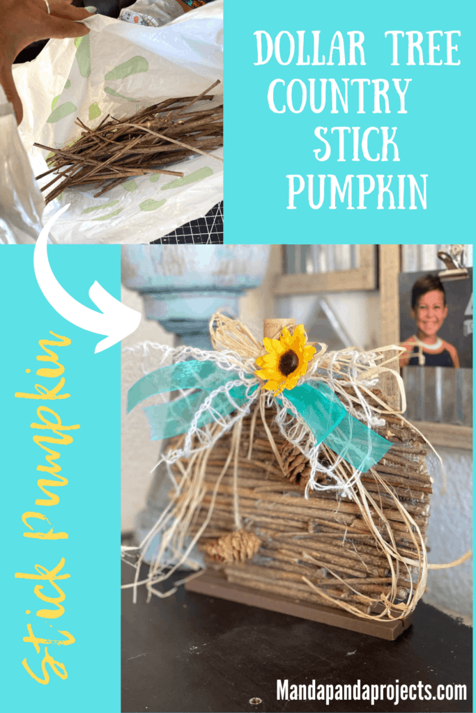 DIY Dollar Tree Rustic Country Wooden Stick Pumpkin Makeover with teal lattice bow and sunflower and pine cone embellishment for fall  diy crafts and decor.