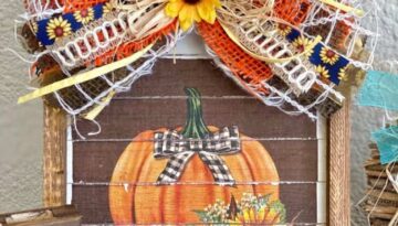 DIY Sunflower Pumpkin napkin reverse canvas fall craft with a big messy bow with autumn colors and vibe