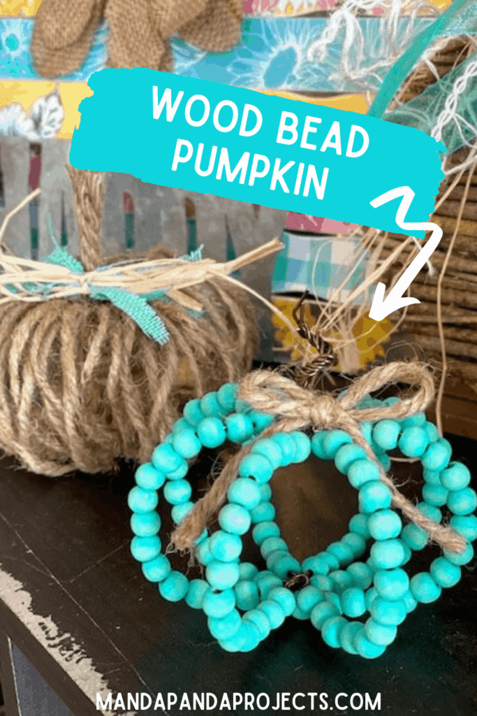 How to make an easy wood bead pumpkin for DIY decor for your fall and autumn tiered tray with teal color theme.