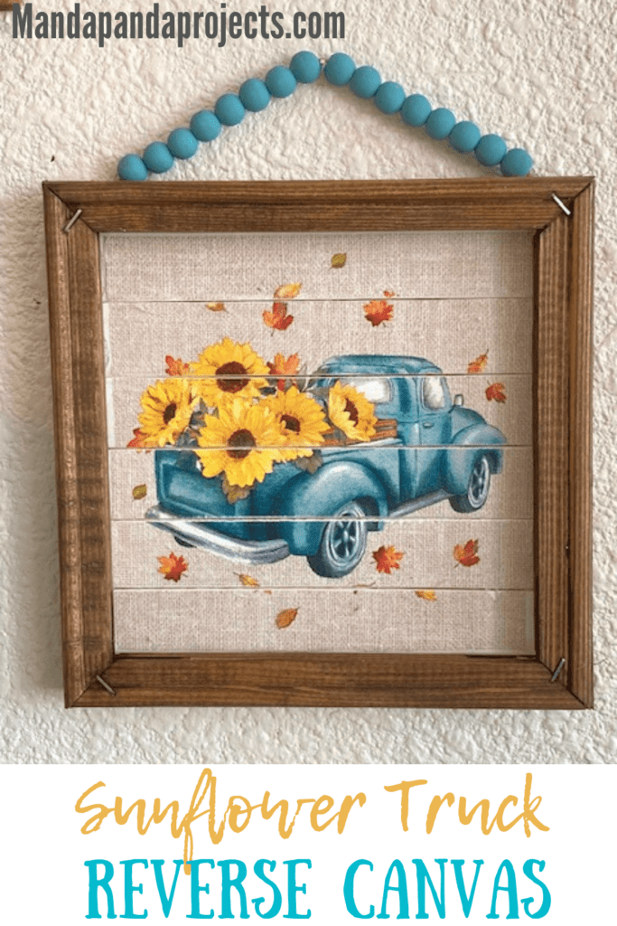 Sunflower Vintage Truck Napkin reverse canvas DIY frame made for fall and autumn crafts and decor with teal wood bead hanger.