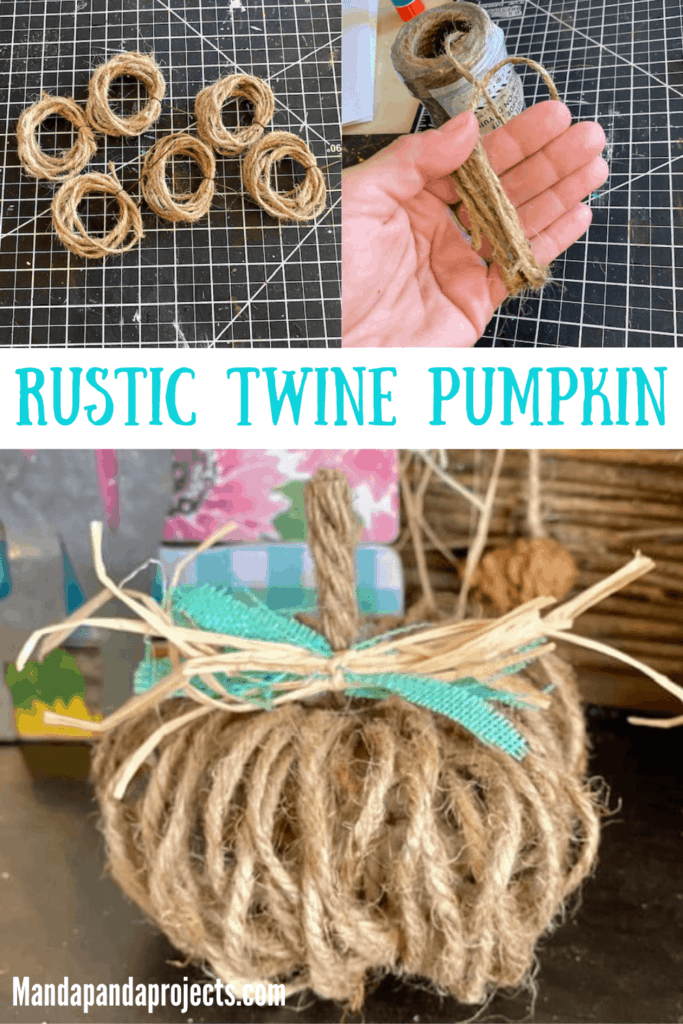 Easy DIY Rustic Twine Pumpkin with a teal and raffia bow and Jute rope stem for fall crafts and decor for a tiered tray.
