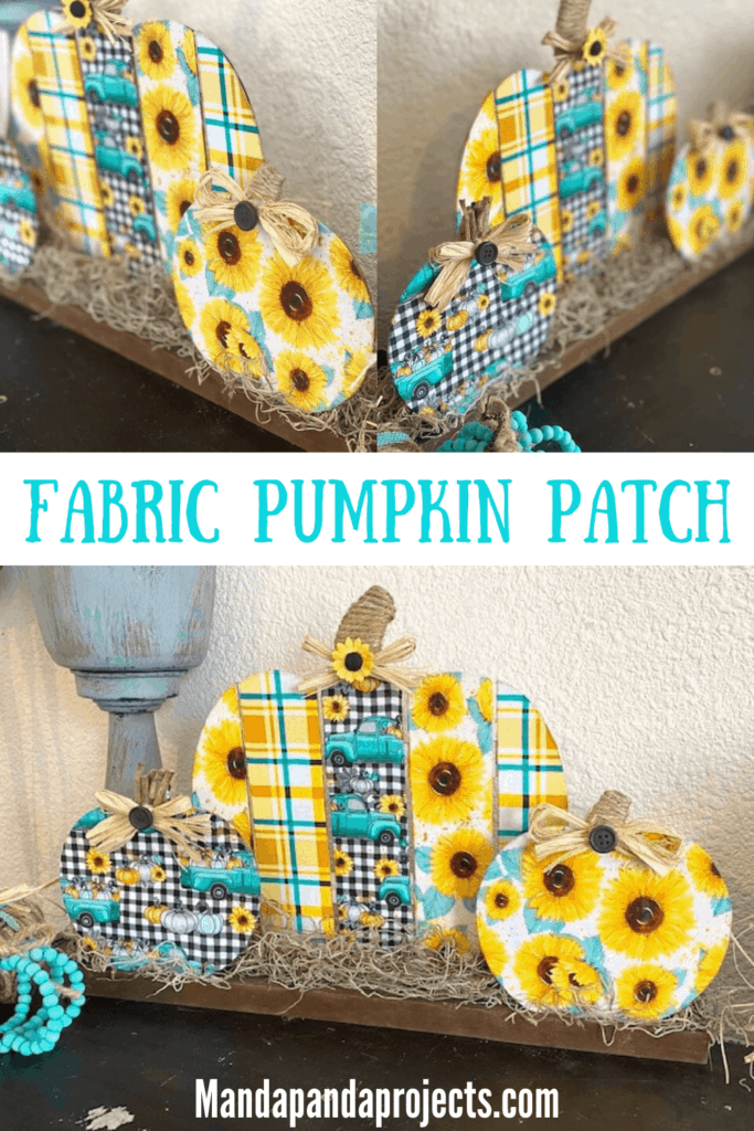 Dollar Tree wooden fabric pumpkin patch DIY with Sunflower truck and teal plaid fabric with spanish moss and twine stems for DIY fall decor.