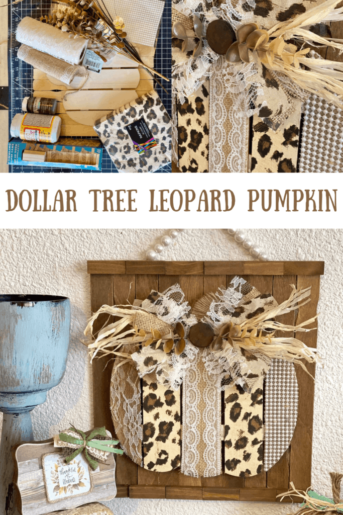 Dollar Tree Leopard Print pumpkin fall DIY crafts and decor with lace, burlap, pearl made on a background of stained paint sticks and jenga blocks with a messy bow.
