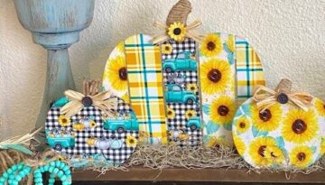 Dollar Tree wooden fabric pumpkin patch DIY with Sunflower truck and teal plaid fabric with spanish moss and twine stems for DIY fall decor.