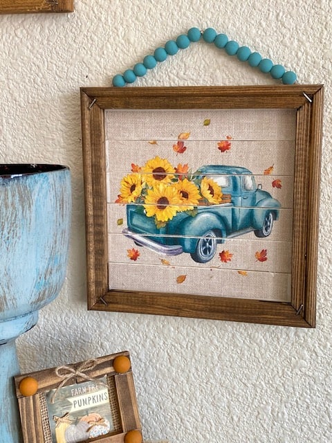 Sunflower Vintage Truck Napkin reverse canvas DIY frame made for fall and autumn crafts and decor with teal wood bead hanger.