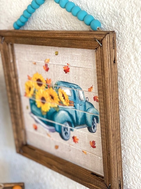 Sunflower Vintage Truck Napkin reverse canvas DIY frame made for fall and autumn crafts and decor with teal wood bead hanger.
