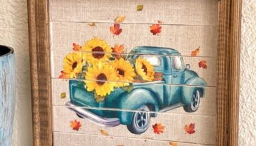 Sunflower Vintage Truck Napkin reverse canvas DIY frame made for fall and autumn crafts and decor with teal wood bead hanger.