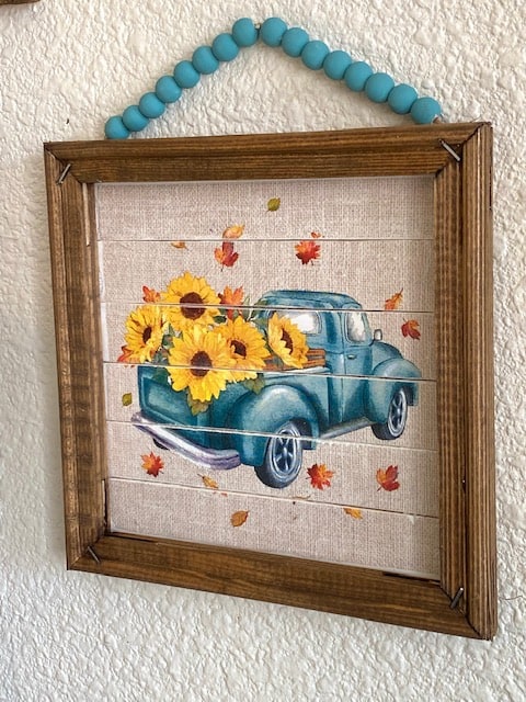 Sunflower Vintage Truck Napkin reverse canvas DIY frame made for fall and autumn crafts and decor with teal wood bead hanger.