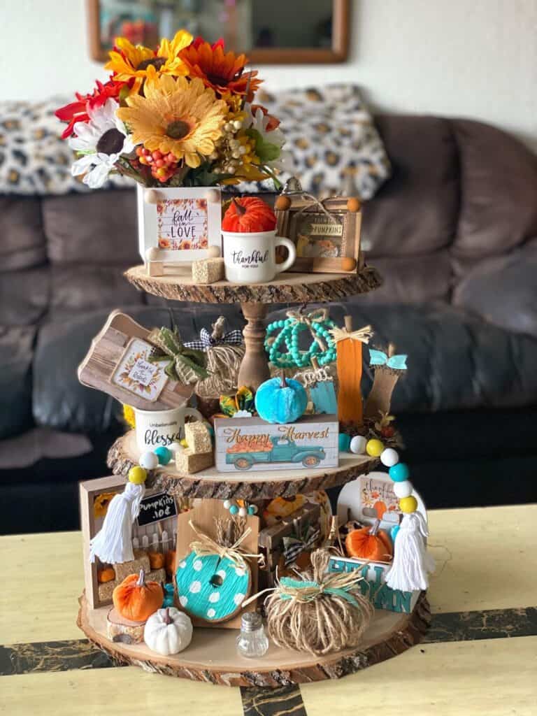 How to decorate and style a Handmade rustic fall autumn tiered tray for inspiration, with lots of crafts and DIY decor with pops of teal and other fall vibes.