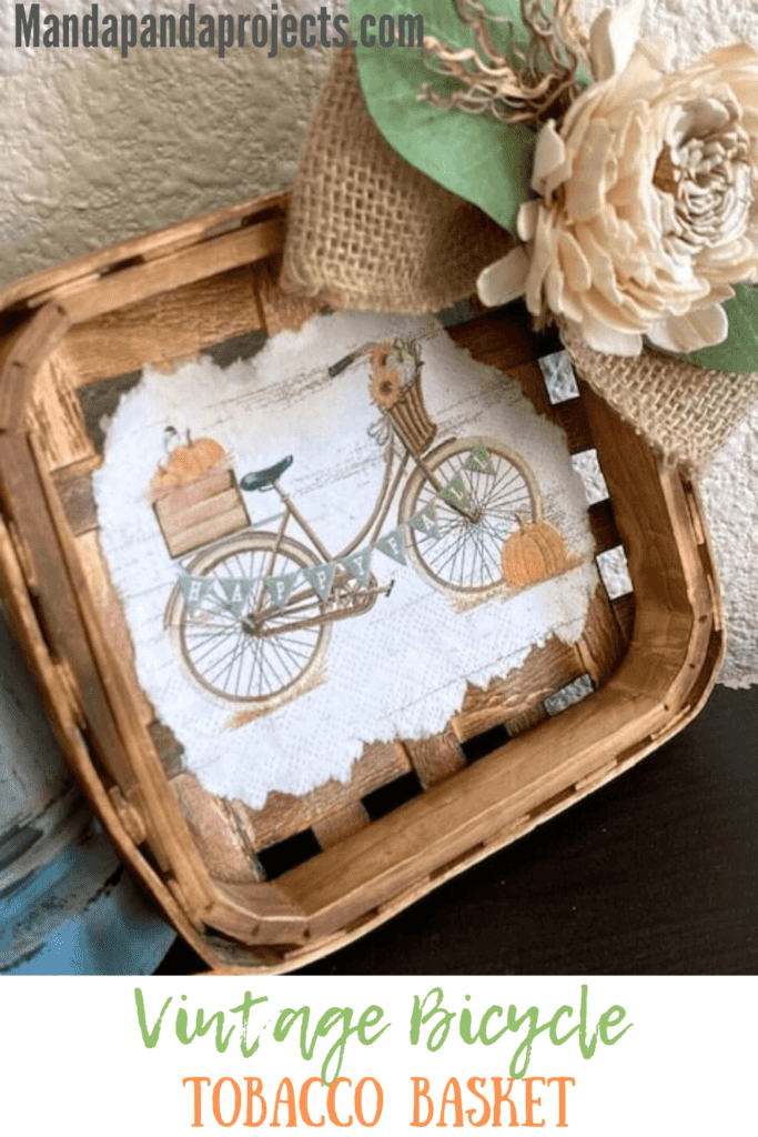 Happy Fall Vintage Bicycle Tobacco Basket with a burlap and lambs ear bow and wood flower.