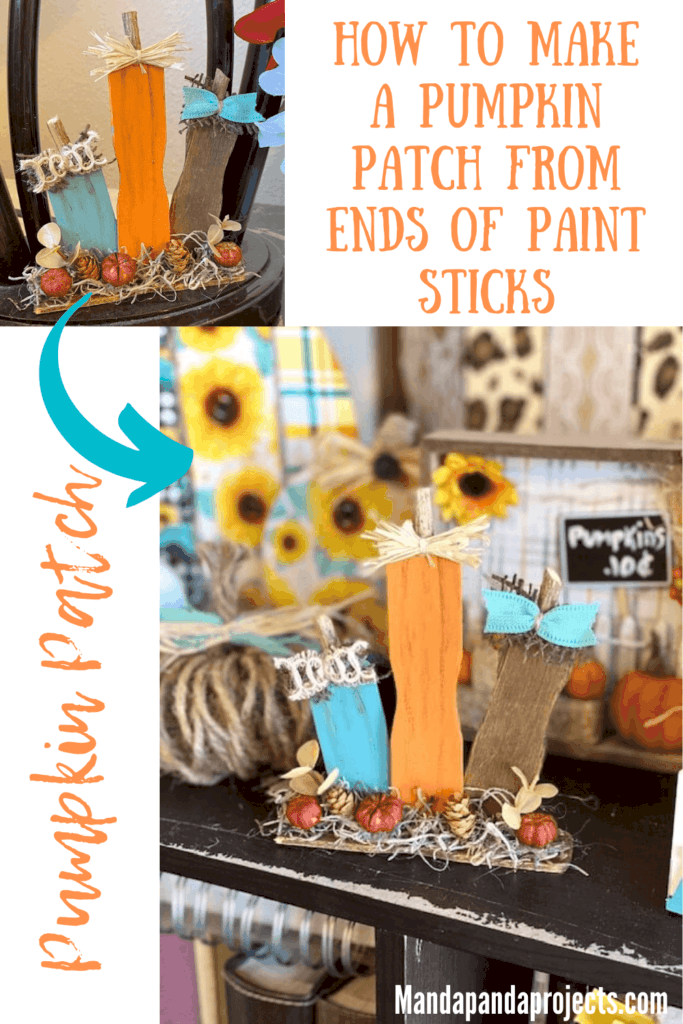 Paint stick pumpkin patch made with recycled ends of paint sticks for a DIY mini piece of fall decor for your tiered tray with Teal, orange and brown pumpkins and mini pinecones with spanish moss.