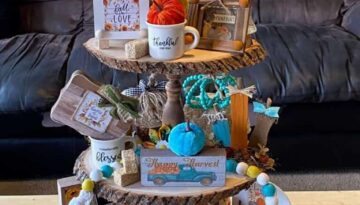 How to decorate and style a Handmade rustic fall autumn tiered tray for inspiration.