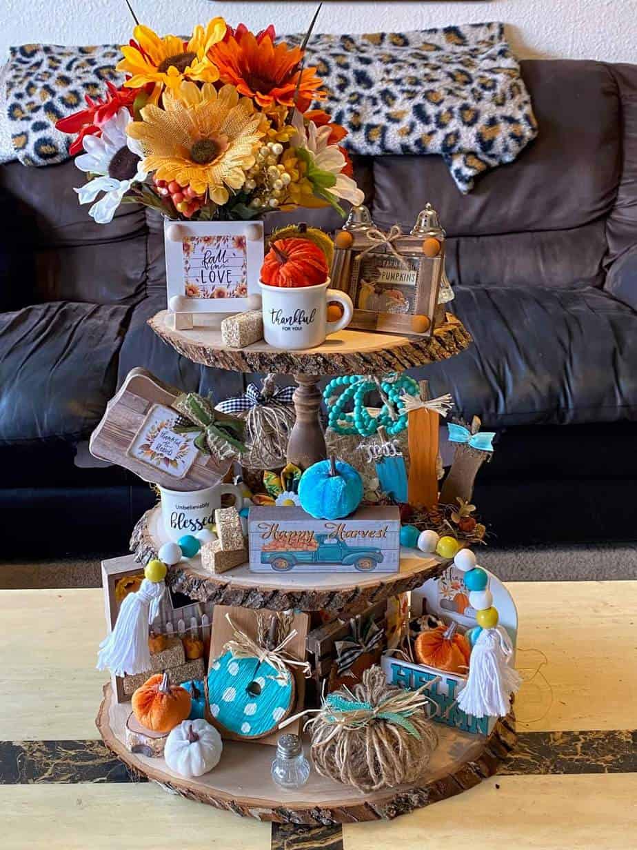 How to decorate and style a Handmade rustic fall autumn tiered tray for inspiration.