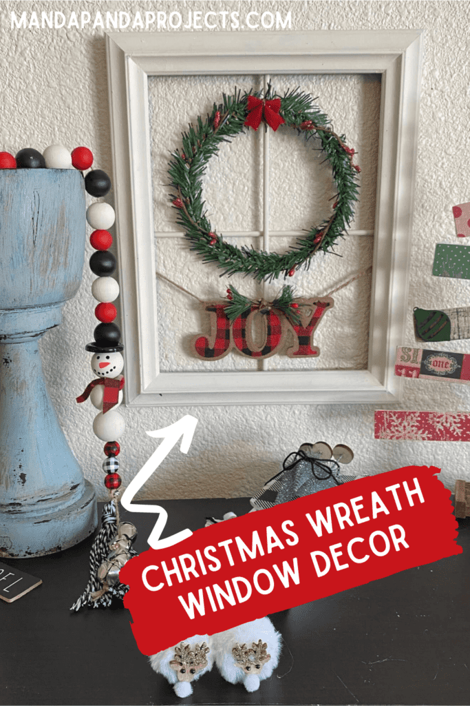 Christmas Wreath Window Frame decor, big lots copycat diy with Dollar Tree supplies and a "joy" christmas ornament instead of trees