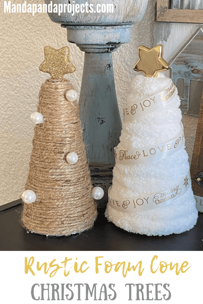Styrofoam cone Christmas trees. Wrapped in yarn, tinsel garland