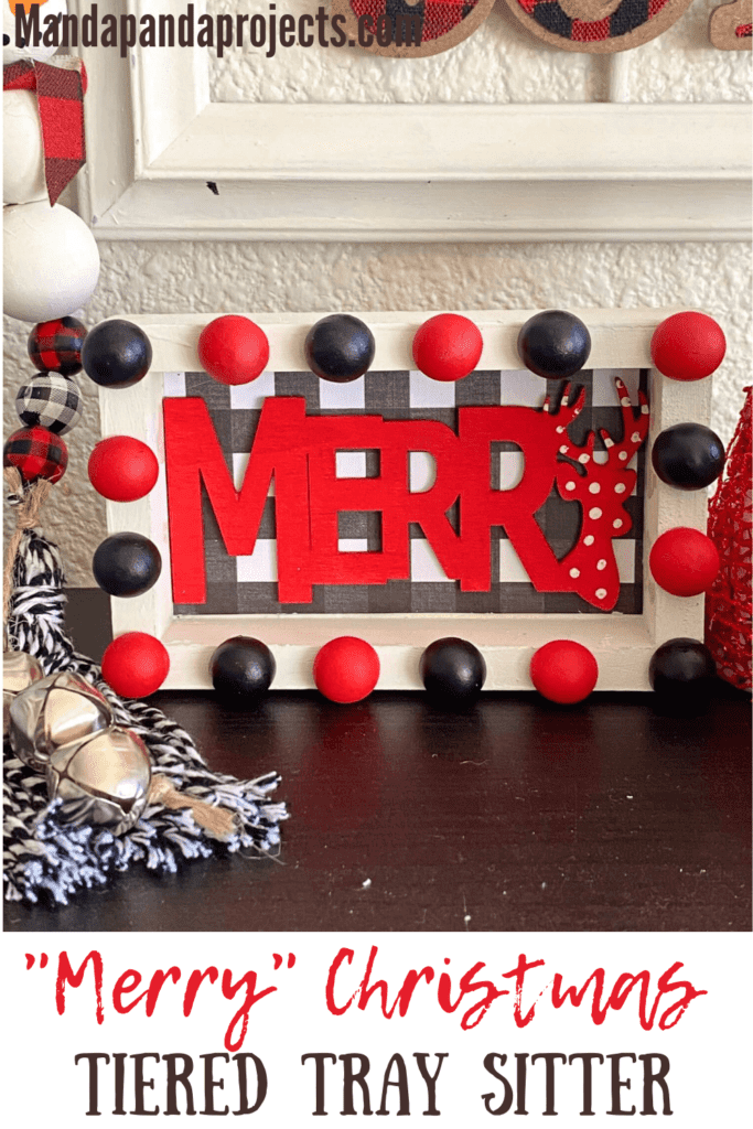 Merry Christmas DIY tiered tray decor sitter. Red, black, and white themed DIY Christmas decor with buffalo check and half wood bead decorative rim.