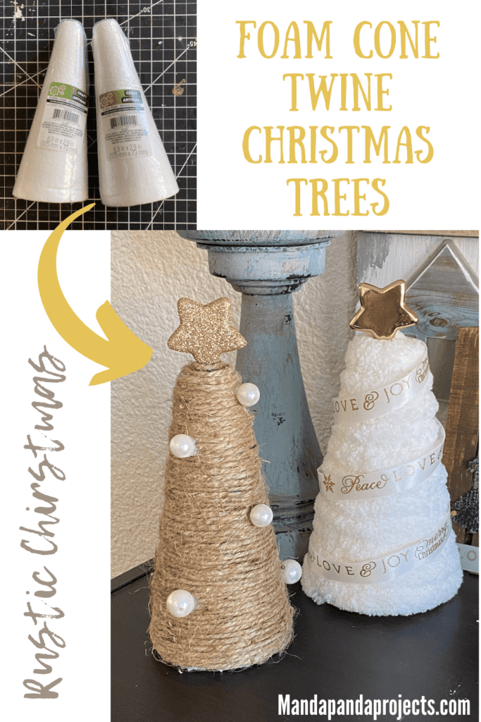 Rustic Twine and white chunky yarn wrapped foam cone Christmas trees made from Dollar Tree supplies with pearls and gold stars on top. DIY Christmas decor.