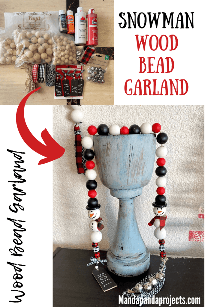 Snowman woodbead garland for a red, white, and black themed DIY christmas tiered tray decor and a handmade tassel with silver bells.