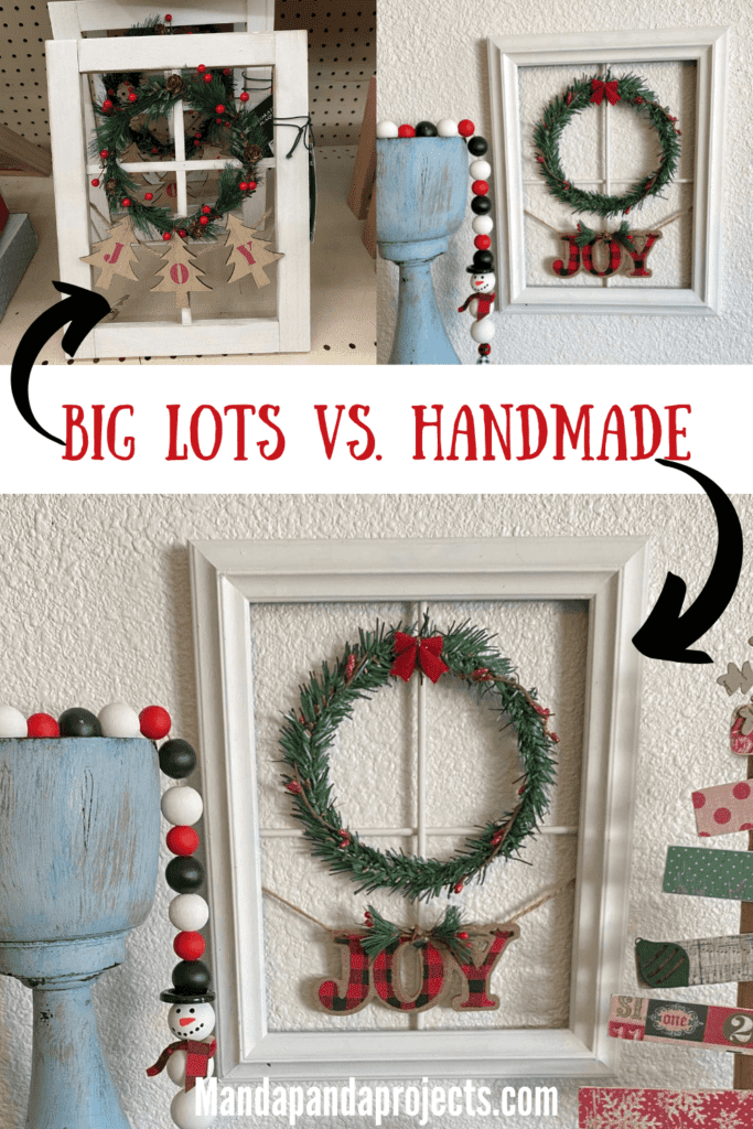 Christmas Wreath Window Frame decor, big lots copycat diy with Dollar Tree supplies and a "joy" christmas ornament instead of trees