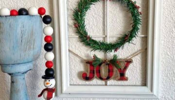 Christmas Wreath Window Frame decor, big lots copycat diy with Dollar Tree supplies.