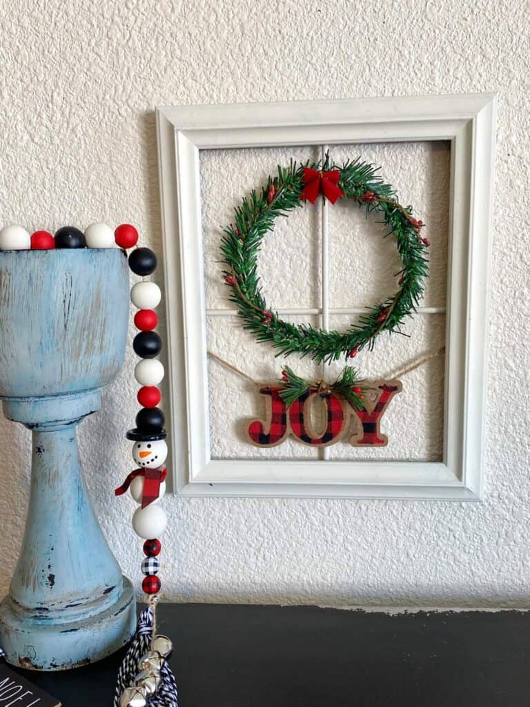 Christmas Wreath Window Frame decor, big lots copycat diy with Dollar Tree supplies.