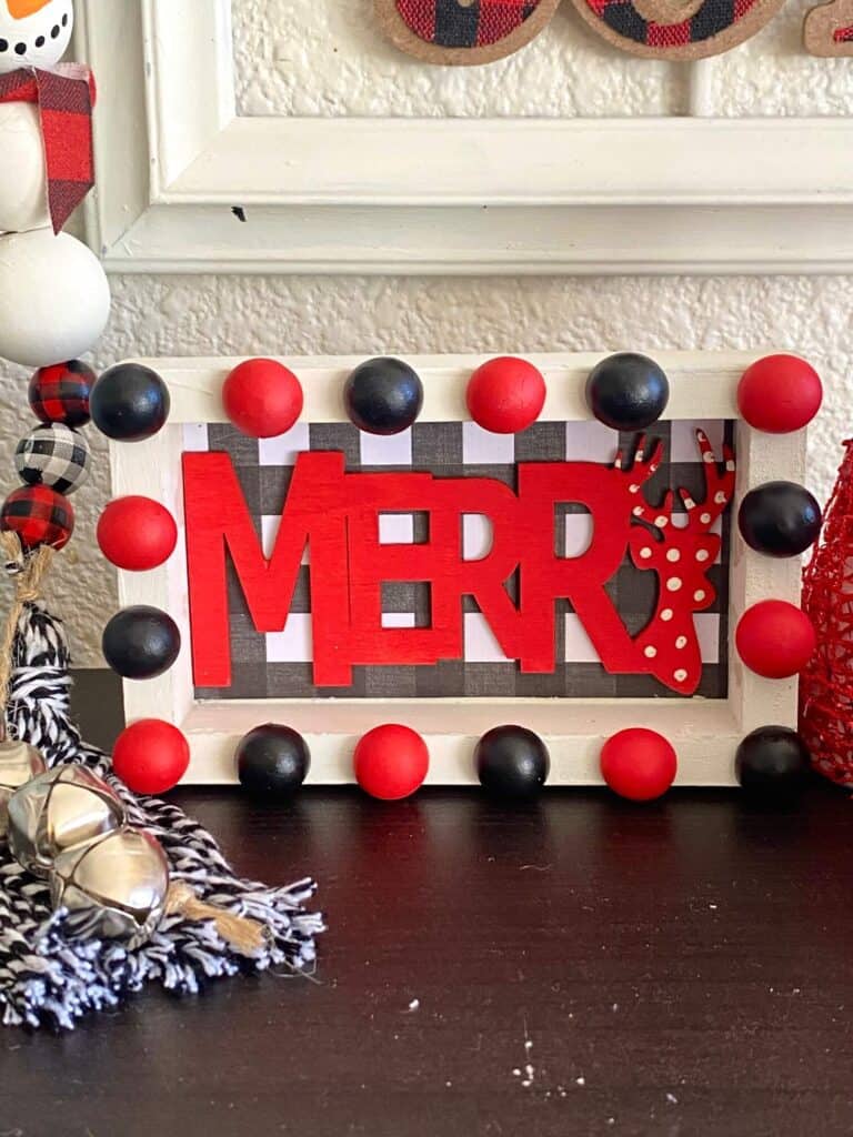 Merry Christmas DIY tiered tray decor sitter. Red, black, and white themed DIY Christmas decor.