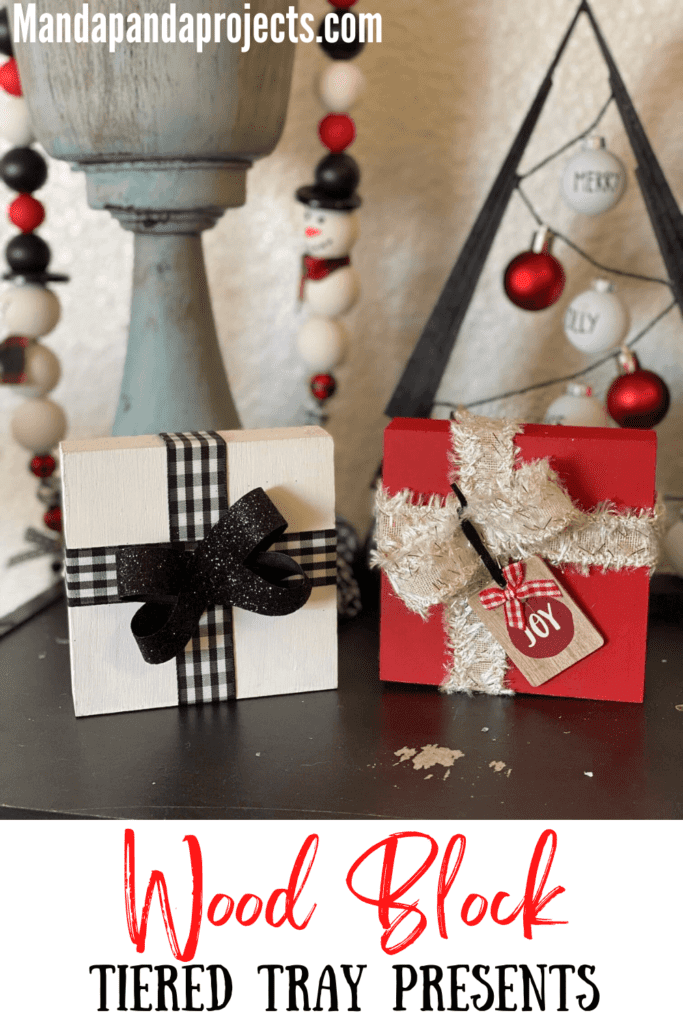 Easy DIY Wood Block Christmas Presents. DIY crafting decor to decorate a Christmas tiered tray this Holiday season in a red black and white color theme.